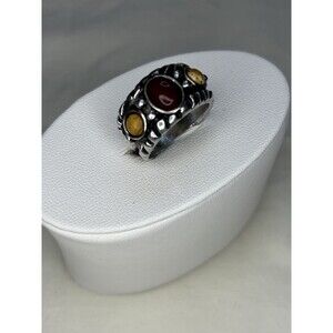 Vintage Native American Artisan 925 Sterling Silver Red Yellow Jasper Band Ring